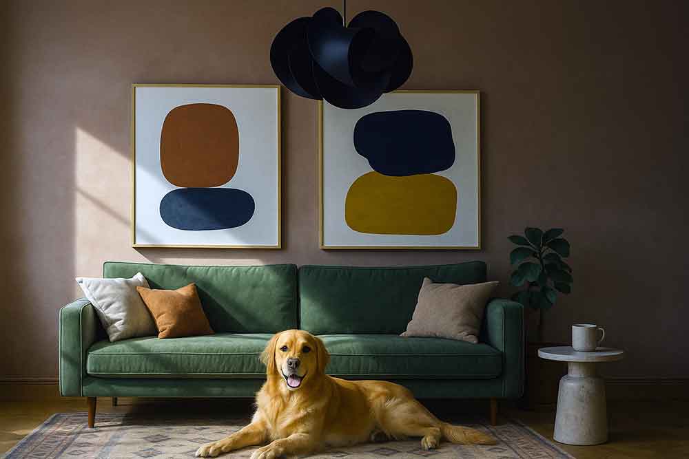 Modern BC living room with warm clay walls, sage sofa, and golden retriever