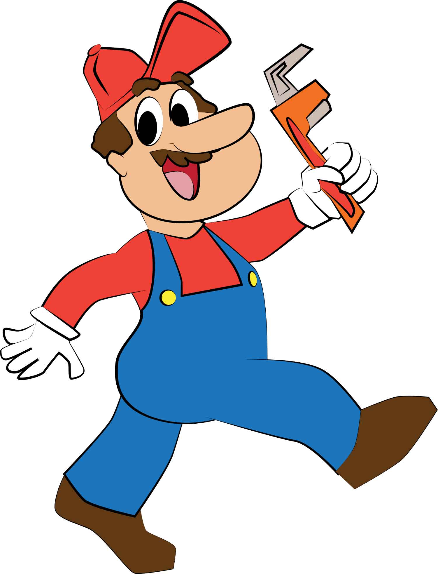 Cartoon plumber happily walking with a wrench